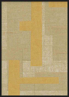 Quadro emoldurado com composição abstrata de blocos retangulares sobrepostos, textura visual têxtil, tons de bege, areia, creme e mostarda, em estilo abstrato e geométrico. Disponível em kudeko.com
