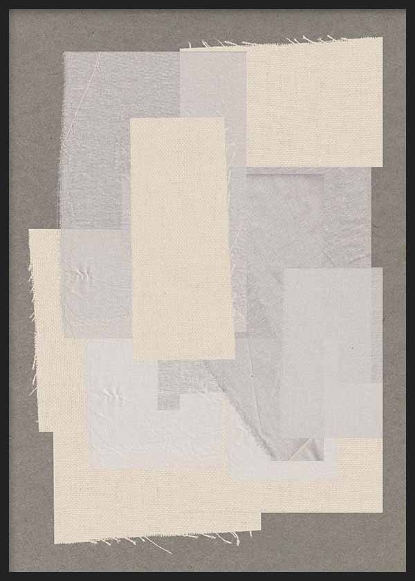 Abstraktes Wandbild mit überlagerten textilen Ausschnitten in Ecru, sanftem Beige, Perlgrau und Off-White, mit ruhiger ausgewogener Komposition und schlichtem Stil für moderne Wohnräume. Erhältlich auf kudeko.com