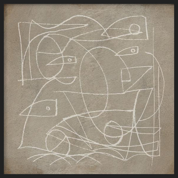 Quadratisches Wandbild mit abstrakten überlagerten Gesichtern in weißen Linien auf beigefarbenem, strukturiertem Hintergrund, mit geschwungenen und geometrischen Formen im abstrakten Stil. Erhältlich auf kudeko.com