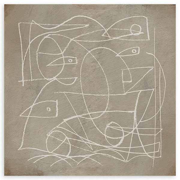 Cuadro cuadrado con rostros abstractos superpuestos en líneas blancas sobre fondo beige texturizado, formas curvas y geométricas de estilo abstracto. Disponible en kudeko.com