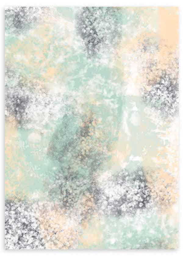 Tableau abstrait avec composition de formes diffuses en vert d’eau, beige, blanc et gris, texture douce et style contemporain lumineux pour décoration murale. Disponible sur kudeko.com