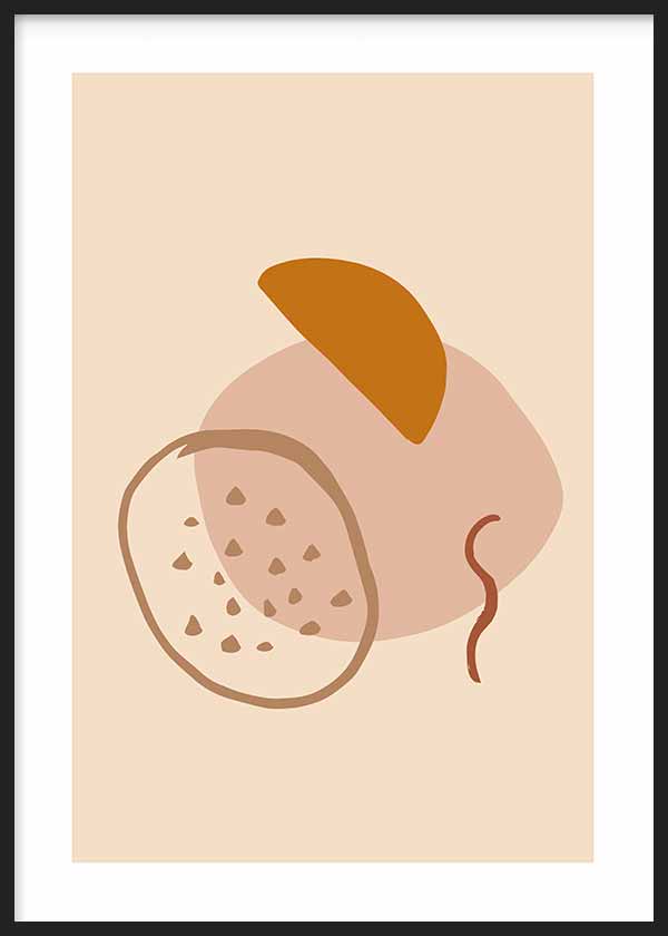 Cuadro con formas orgánicas beige, terracota, marrón claro y blanco roto, composición abstracta de inspiración bohemia y estilo minimalista. Disponible en kudeko.com
