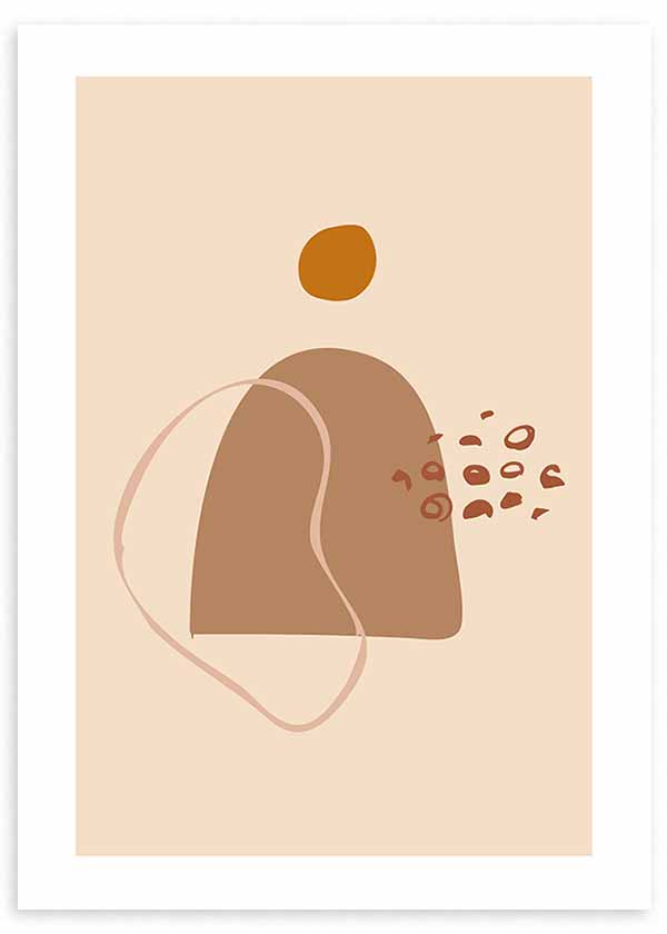 Quadro com formas orgânicas abstratas em bege, areia, terracota e castanho, traço curvo e detalhes dispersos, num estilo boémio e contemporâneo. Disponível em kudeko.com