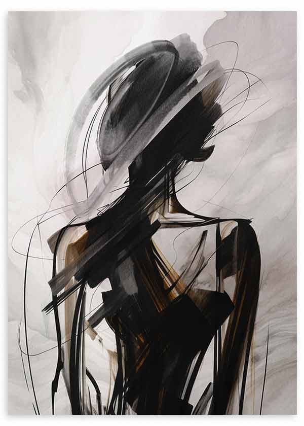 Quadro com figura feminina abstrata, silhueta preta, chapéu largo, fundo cinzento suave, detalhes terra e estilo gestual contemporâneo. Disponível em kudeko.com