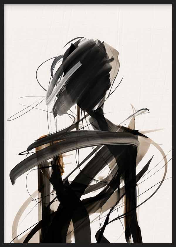 Tableau avec figure humaine abstraite en traits noirs, gris et beige sur fond clair, composition élégante et style abstrait pour une décoration murale contemporaine. Disponible sur kudeko.com