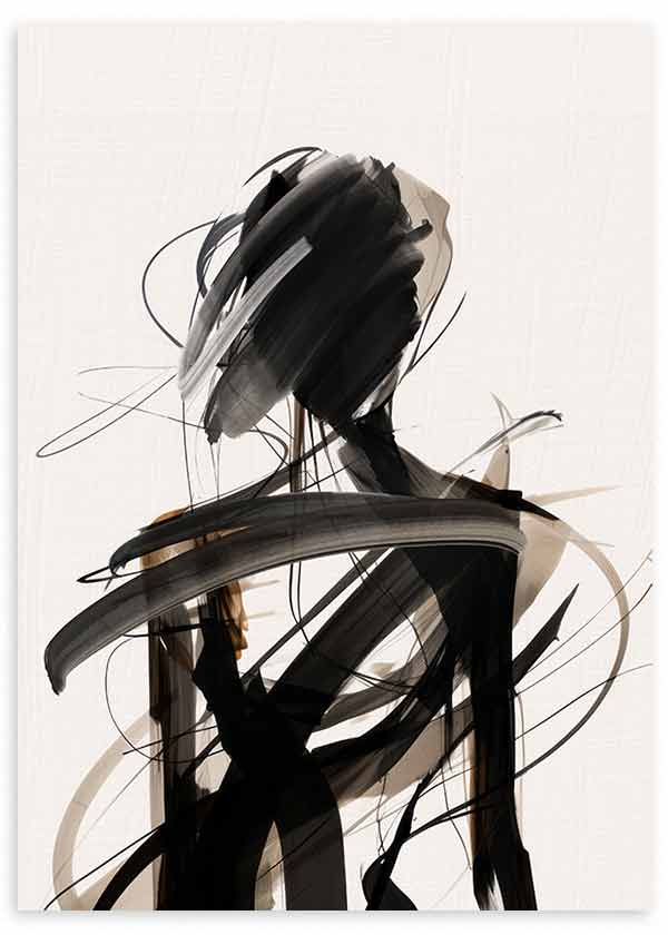 Wandbild mit abstrakter menschlicher Figur in schwarzen, grauen und beigen Linien auf hellem Hintergrund, elegante Komposition und abstrakter Stil für moderne Wandgestaltung. Erhältlich auf kudeko.com