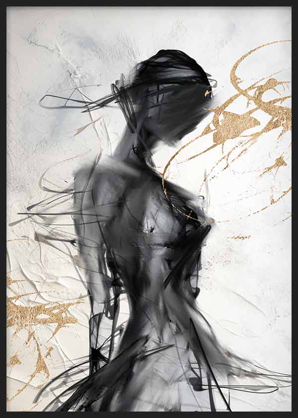 Tableau avec figure féminine abstraite en noir, gris, blanc et détails dorés, silhouette diffuse et traits expressifs dans un style abstrait contemporain. Disponible sur kudeko.com