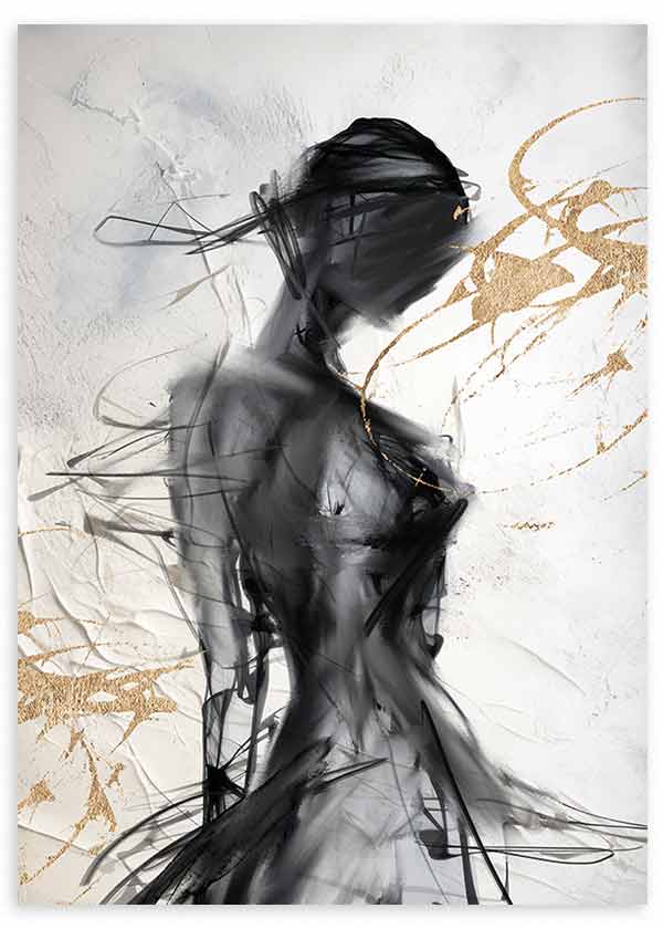 Quadro com figura feminina abstrata em preto, cinzento, branco e detalhes dourados, silhueta difusa e traços expressivos num estilo abstrato contemporâneo. Disponível em kudeko.com