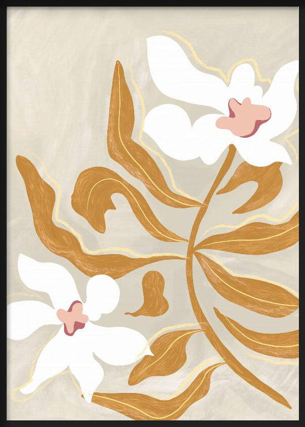 Wandbild mit großen weißen Blüten, ocker- und senffarbenen Blättern, beigem Hintergrund und floralem Stil mit reduzierten Formen für eine warme, ausgewogene Wandgestaltung. Erhältlich auf kudeko.com