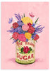 Cuadro de ilustración floral colorida y vintage, sobre fondo rosa y palabra 