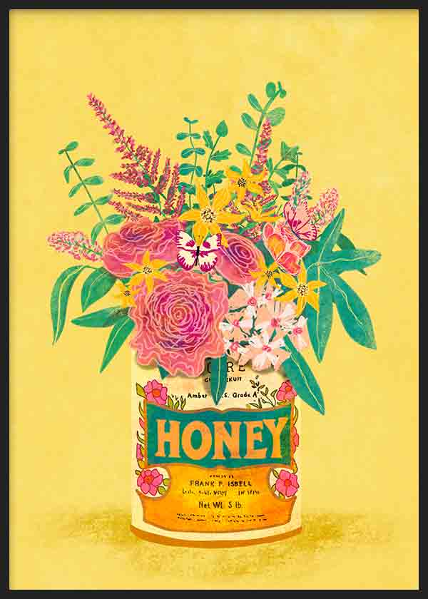 Cuadro de ilustración floral colorida y vintage, sobre fondo amarillo y tarro con palabra "honey"