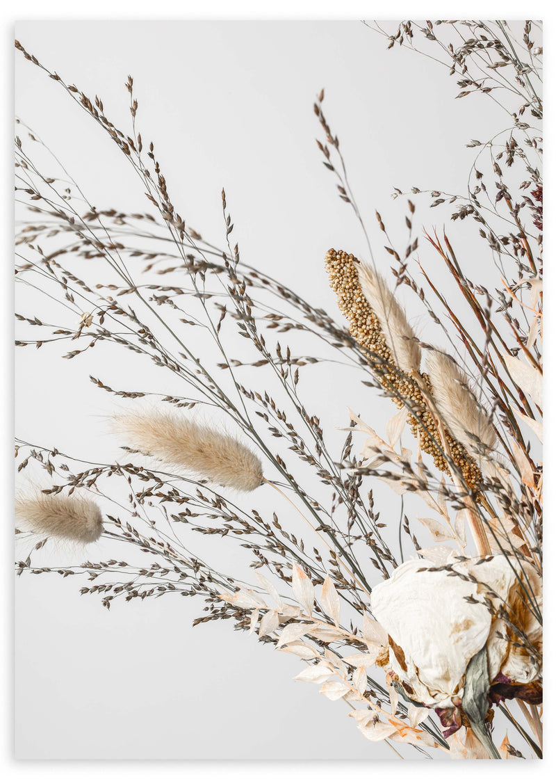 Quadro emoldurado com flores secas e ramos silvestres em tons de bege, creme, castanho claro e cinzento suave, sobre fundo branco, com estilo floral natural e delicado. Disponível em kudeko.com