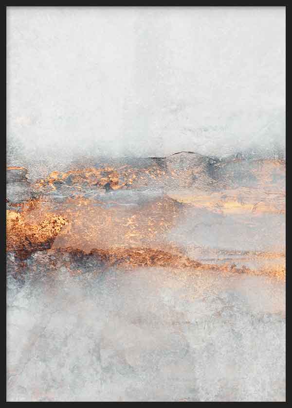 Cuadro con composición abstracta de niebla difusa, texturas suaves en blanco roto, gris perla, azul grisáceo y reflejos cobre luminosos, de estilo abstracto. Disponible en kudeko.com