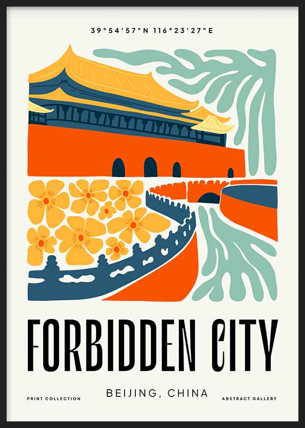 Cuadro de la Ciudad Prohibida de Pekín con edificio tradicional, puente curvo, flores decorativas, tonos naranja, amarillo, azul petróleo y verde agua, estilo ciudades. Disponible en kudeko.com
