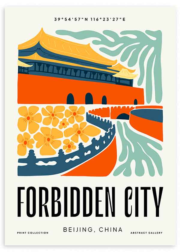 Cuadro de la Ciudad Prohibida de Pekín con edificio tradicional, puente curvo, flores decorativas, tonos naranja, amarillo, azul petróleo y verde agua, estilo ciudades. Disponible en kudeko.com