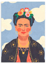 Cuadro de ilustración de Frida Kalho sobre con moño de flores sobre cielo azul de fondo. Una de las obras de Gigi Rosado