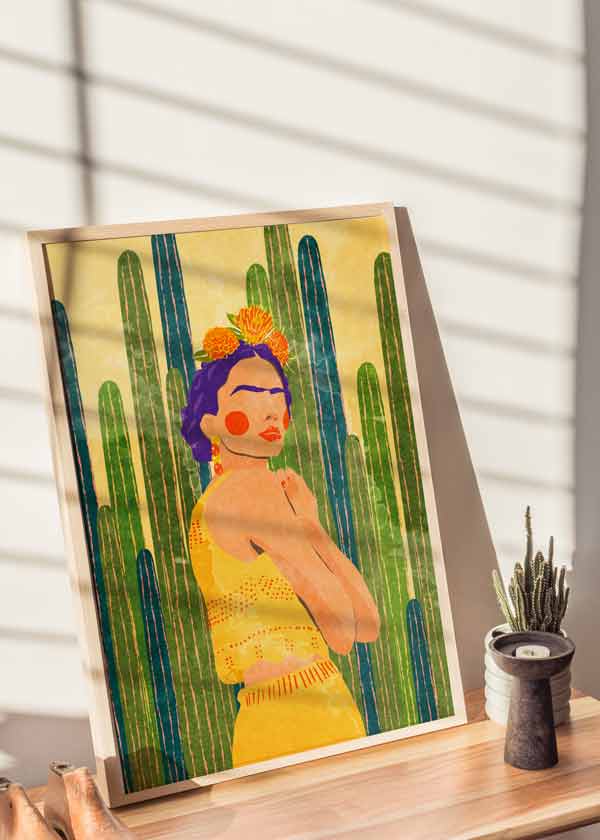 Cuadro de ilustración de Frida Kalho sobre con cactus de fondo. Una de las obras de Raissa Oltmanns