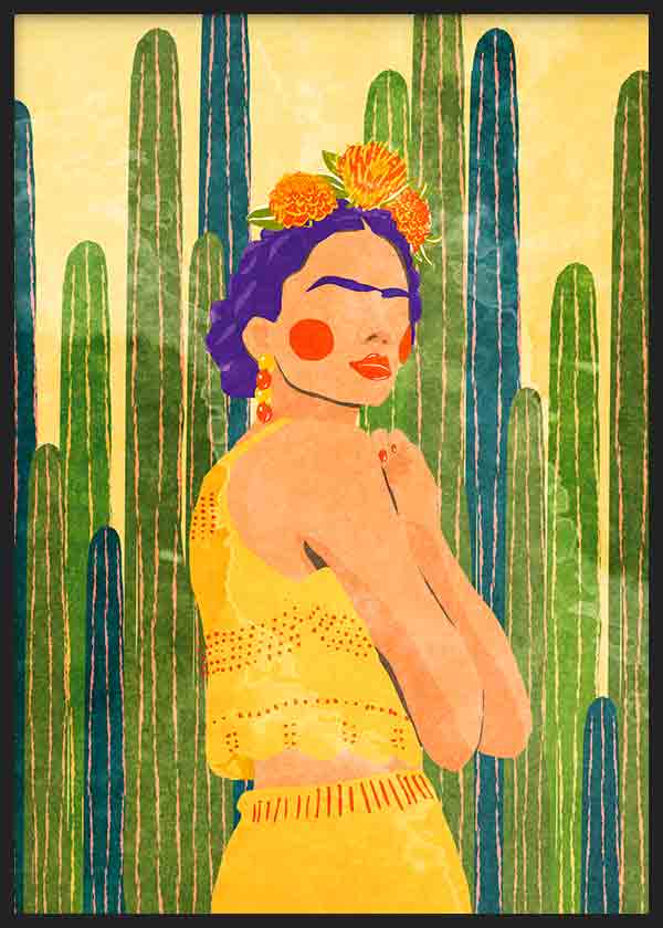 Quadro emoldurado de mulher inspirada em Frida Kahlo com altos cactos verdes, vestido amarelo, flores laranja, fundo creme e estilo de ilustração com inspiração mexicana. Disponível em kudeko.com