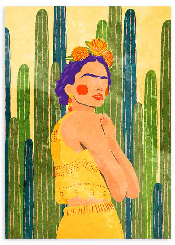 Cuadro de mujer inspirada en Frida Kahlo con cactus verdes altos, vestido amarillo, flores naranjas y fondo crema, de estilo ilustración. Disponible en kudeko.com