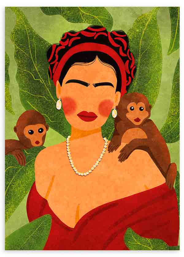 Cuadro con retrato femenino inspirado en Frida Kahlo, dos monos, hojas tropicales verdes, vestido rojo, collar claro y estilo ilustración. Disponible en kudeko.com