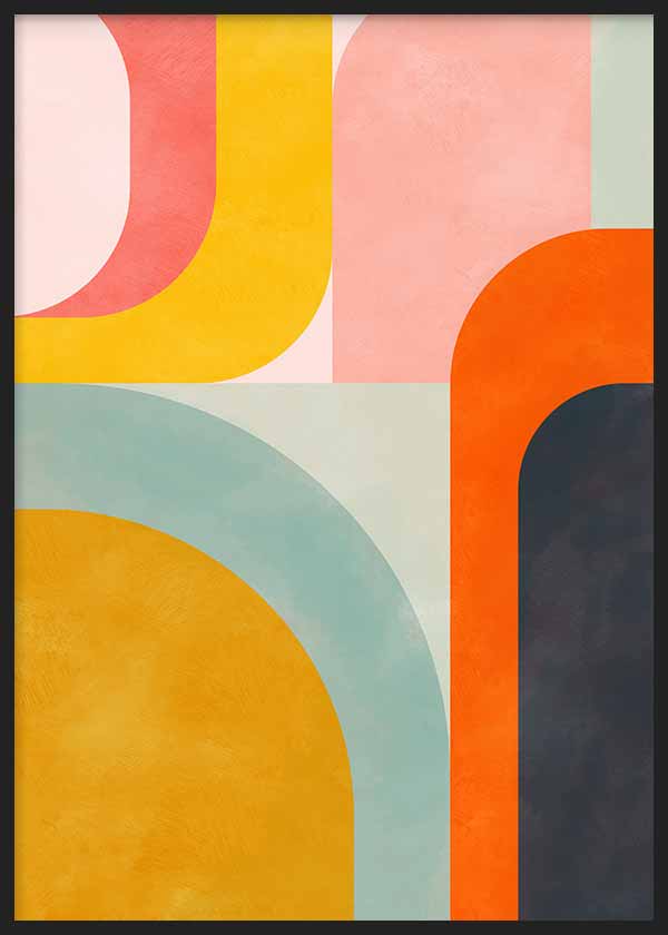 Tableau encadré à composition abstraite avec grands arcs, blocs courbes, tons rose, jaune moutarde, vert d’eau, orange et bleu gris, dans un style abstrait contemporain. Disponible sur kudeko.com