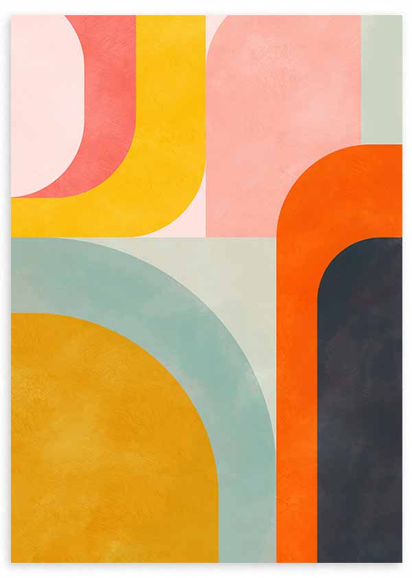 Gerahmtes Wandbild mit abstrakter Komposition aus großen Bögen, geschwungenen Farbflächen in Rosa, Senfgelb, Wassergrün, Orange und Graublau, im zeitgenössischen abstrakten Stil. Erhältlich auf kudeko.com
