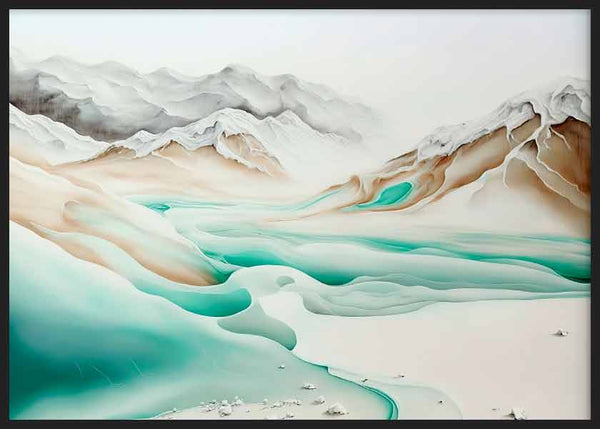 Horizontales Wandbild mit eisiger Landschaft, sanften Bergen, weißem Schnee, türkisen Lagunen, sandfarbenen Tönen und klarem Naturstil. Erhältlich auf kudeko.com