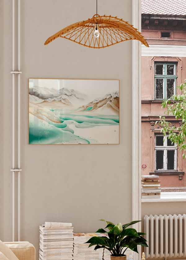 Cuadro horizontal de paisaje helado con montañas difusas, nieve blanca, lagunas turquesa y tonos arena, de estilo naturaleza y paisajes. Disponible en kudeko.com