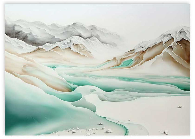 Cuadro horizontal de paisaje helado con montañas difusas, nieve blanca, lagunas turquesa y tonos arena, de estilo naturaleza y paisajes. Disponible en kudeko.com