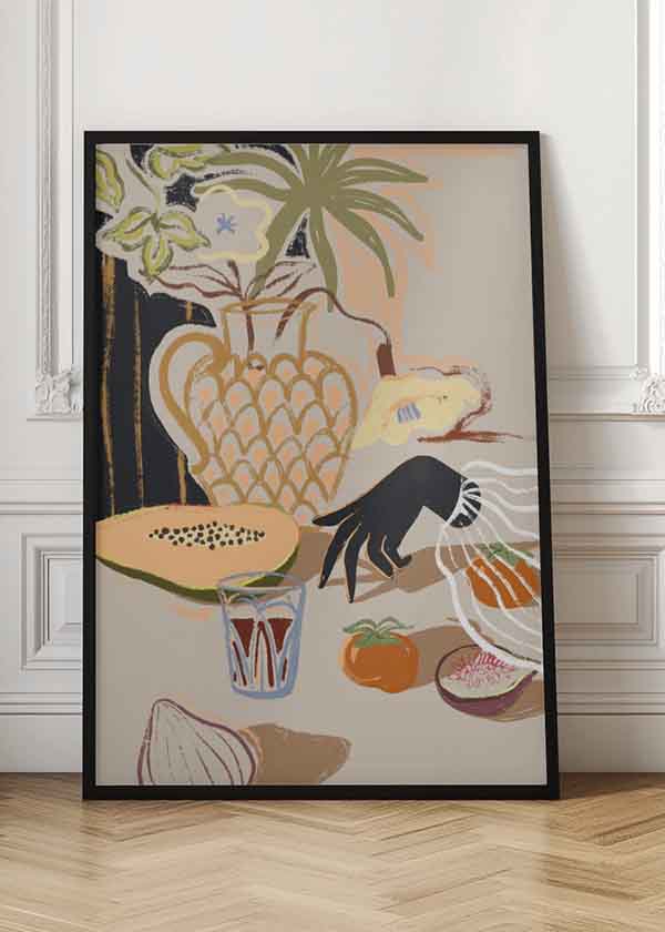 Cuadro ilustración de frutas y vaso sobre mesa, tienda kudeko.com