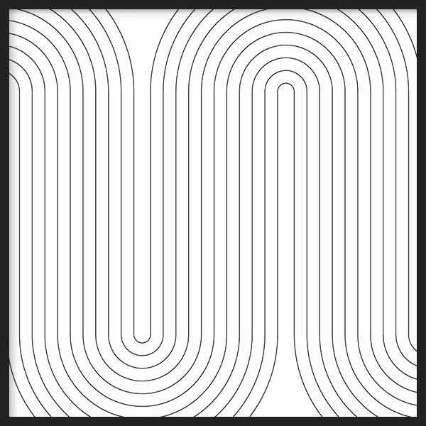 Cuadro cuadrado con líneas negras curvas repetidas sobre fondo blanco, composición de patrón abstracto limpio y equilibrado de estilo geométrico. Disponible en kudeko.com