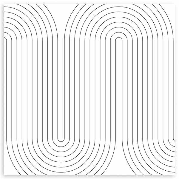 Cuadro cuadrado con líneas negras curvas repetidas sobre fondo blanco, composición de patrón abstracto limpio y equilibrado de estilo geométrico. Disponible en kudeko.com