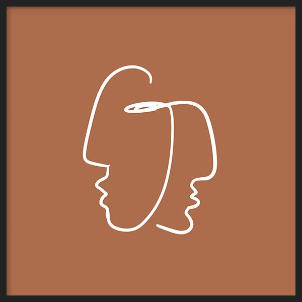 Cuadro cuadrado con dos rostros abstractos de línea blanca continua sobre fondo terracota cálido, composición limpia y estilo minimalista. Disponible en kudeko.com
