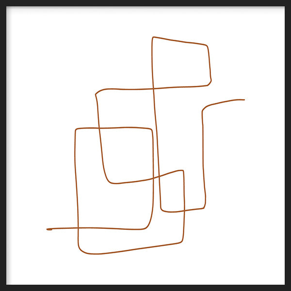 Quadratisches Wandbild mit feinen terrakottabraunen Linien, unregelmäßigen Rechtecken und überlagerten Kurven auf weißem Hintergrund, in einem klaren geometrischen und modernen Stil. Erhältlich auf kudeko.com