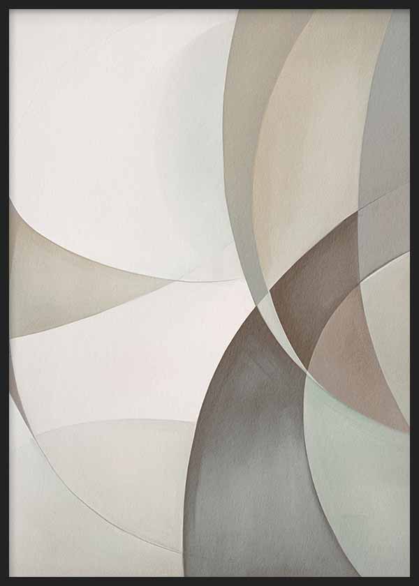 Tableau encadré avec composition abstraite de courbes superposées, formes organiques beige, sable, gris doux et blanc cassé, dans un style géométrique équilibré et apaisant. Disponible sur kudeko.com