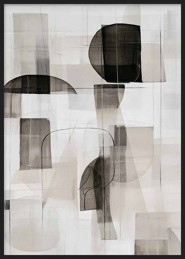 Cuadro con composición abstracta de formas geométricas superpuestas en negro, gris, beige y blanco, con líneas finas y transparencias sutiles de estilo abstracto. Disponible en kudeko.com