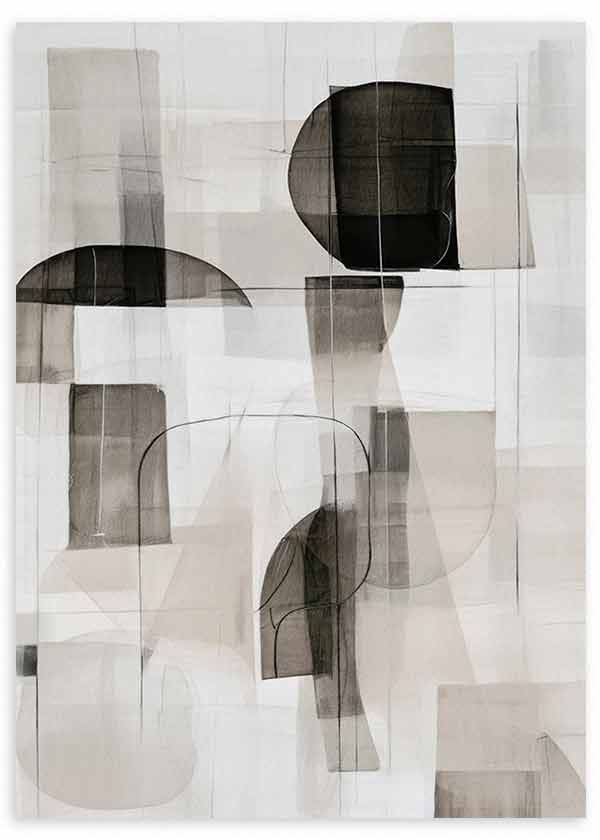 Cuadro con composición abstracta de formas geométricas superpuestas en negro, gris, beige y blanco, con líneas finas y transparencias sutiles de estilo abstracto. Disponible en kudeko.com
