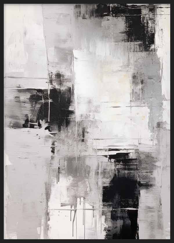 Cuadro con composición abstracta de manchas negras, grises y blancas, bloques difusos superpuestos y contraste monocromático de estilo abstracto. Disponible en kudeko.com