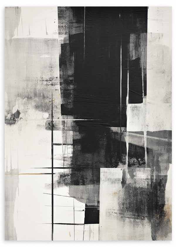 Cuadro composición abstracta en blanco, negro y gris con bloques superpuestos, texturas suaves, líneas finas y contraste moderno, de estilo abstracto. Disponible en kudeko.com