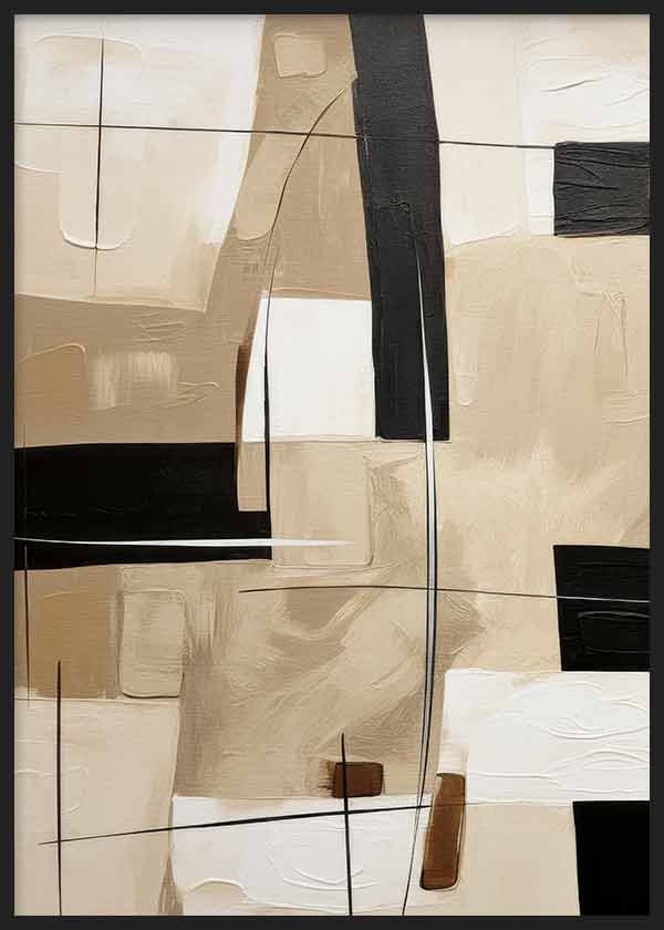 Quadro com composição abstrata de blocos em bege, creme, branco e preto, linhas finas e formas retangulares num estilo gráfico equilibrado e contemporâneo. Disponível em kudeko.com