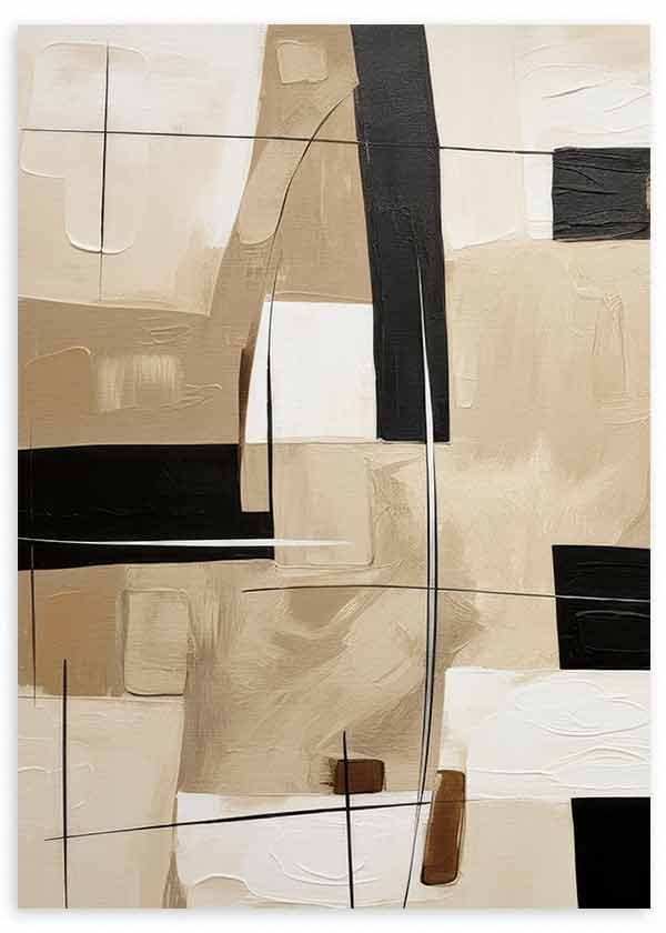 Cuadro con composición abstracta de bloques beige, crema, blanco y negro, líneas finas y formas rectangulares en equilibrio visual, de estilo abstracto. Disponible en kudeko.com