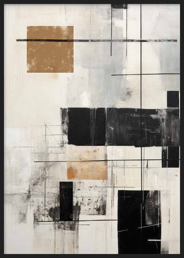Cuadro con composición geométrica de rectángulos negros, beige y blanco roto, líneas finas y fondo texturizado de estilo abstracto. Disponible en kudeko.com