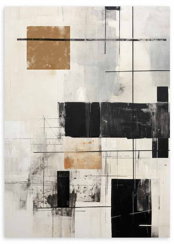 Quadro emoldurado com composição geométrica de retângulos pretos, bege e branco sujo, linhas finas, fundo texturado e estilo abstrato sóbrio. Disponível em kudeko.com