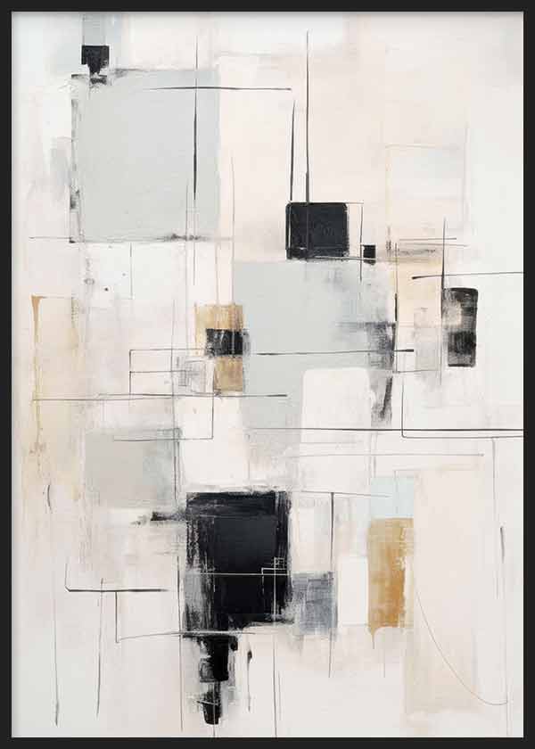 Cuadro con composición de rectángulos, líneas finas y bloques en blanco roto, gris, negro y beige, de estilo abstracto. Disponible en kudeko.com
