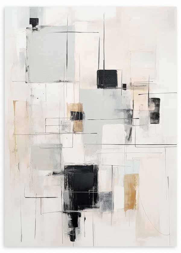 Quadro com composição de retângulos, linhas finas e blocos sobrepostos em branco partido, cinzento, preto e bege, num estilo abstrato geométrico contemporâneo. Disponível em kudeko.com