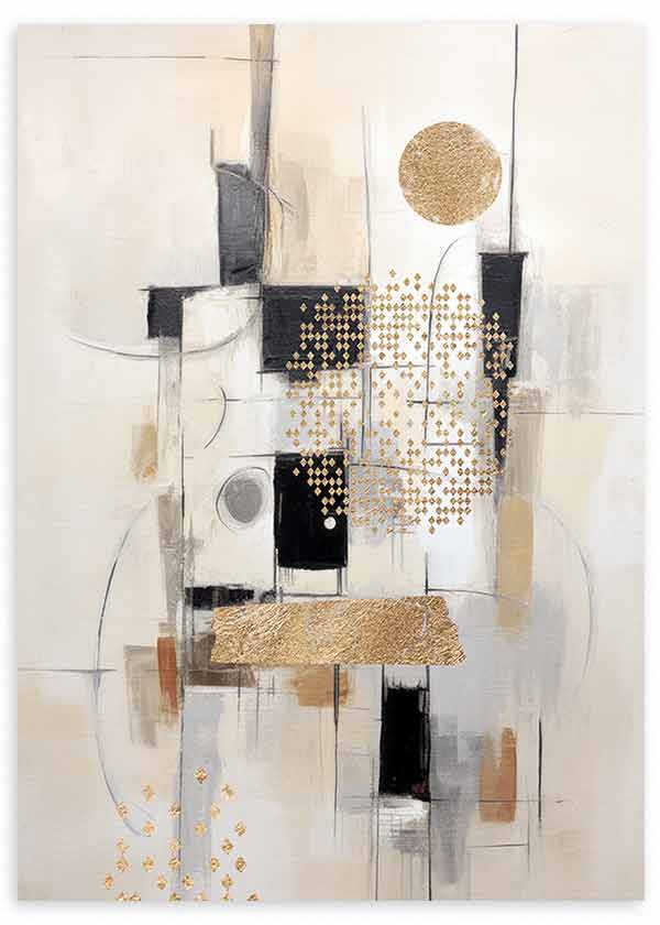 Cuadro con composición geométrica abstracta de rectángulos negros, líneas grises, círculos dorados y fondo beige claro de estilo abstracto. Disponible en kudeko.com