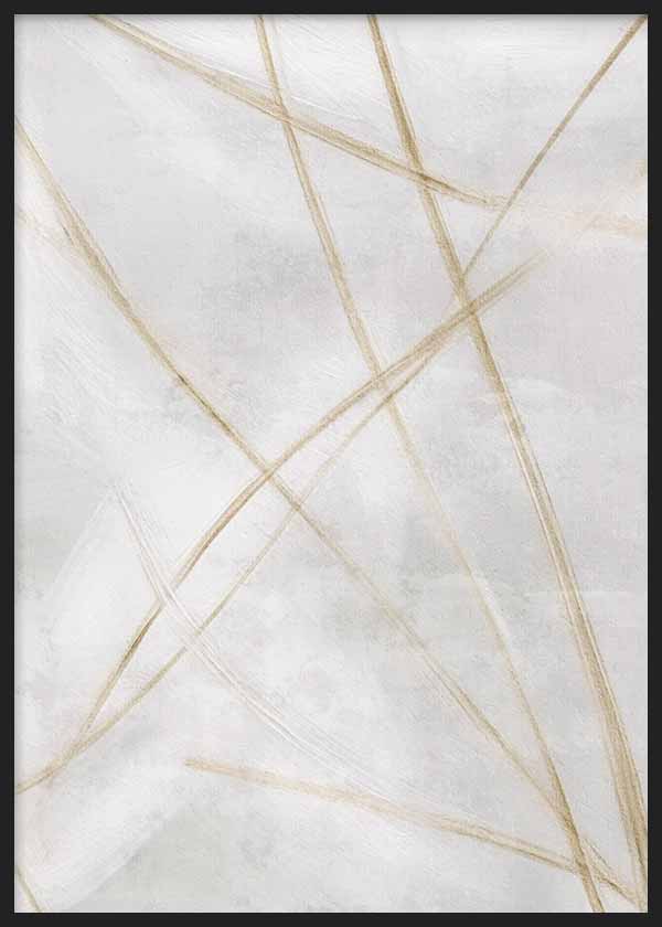 Cuadro con composición abstracta de líneas finas beige y arena sobre fondo blanco roto y gris suave, de estilo minimalista. Disponible en kudeko.com