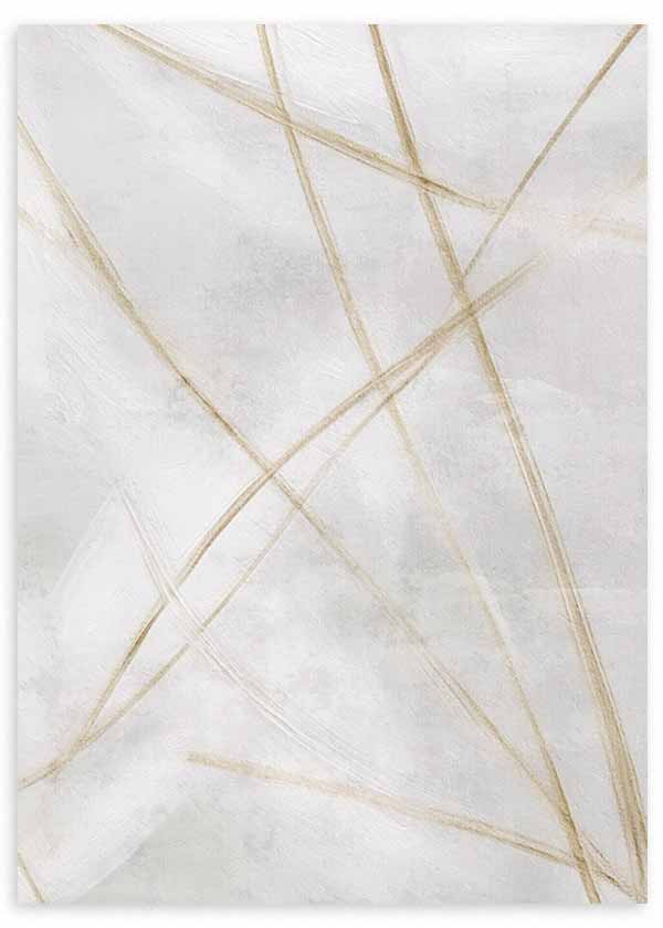 Cuadro con composición abstracta de líneas finas beige y arena sobre fondo blanco roto y gris suave, de estilo minimalista. Disponible en kudeko.com