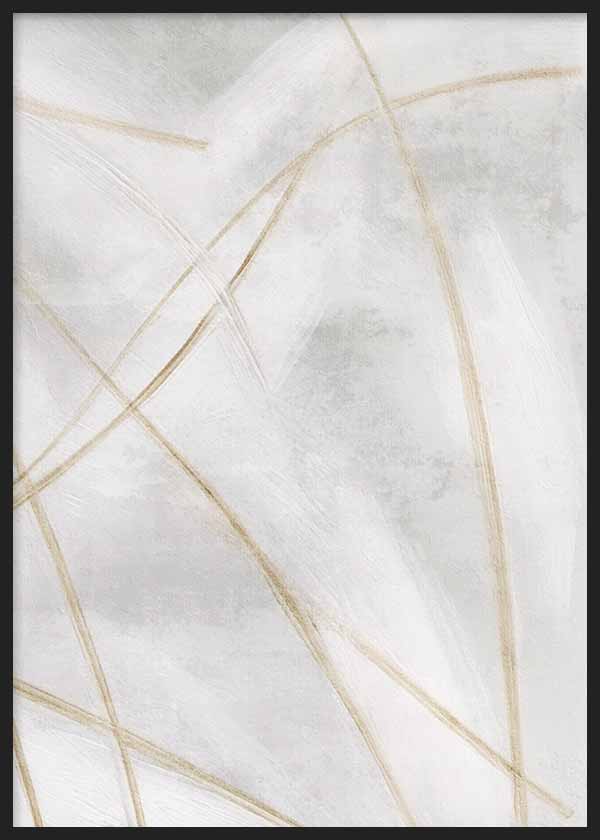 Cuadro con composición abstracta de líneas finas beige sobre fondo blanco roto y gris suave, de estilo abstracto y aire sereno. Disponible en kudeko.com