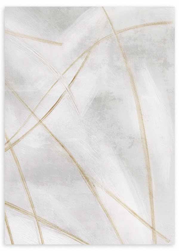 Cuadro con composición abstracta de líneas finas beige sobre fondo blanco roto y gris suave, de estilo abstracto y aire sereno. Disponible en kudeko.com